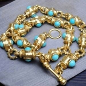 Matte Gold Byzantine Revival Turquoise Cabochon Toggle Necklace
